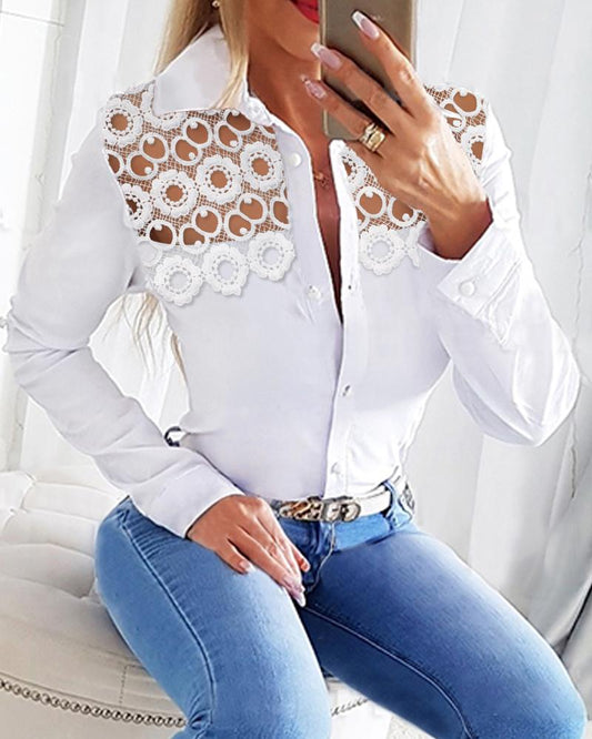 Floral Pattern Lace Patch Buttoned Top