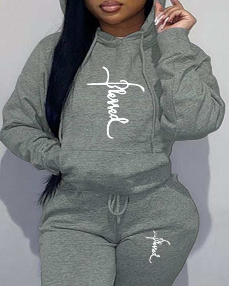 Plus Size Letter Print Casual Hoodie & Pants Set