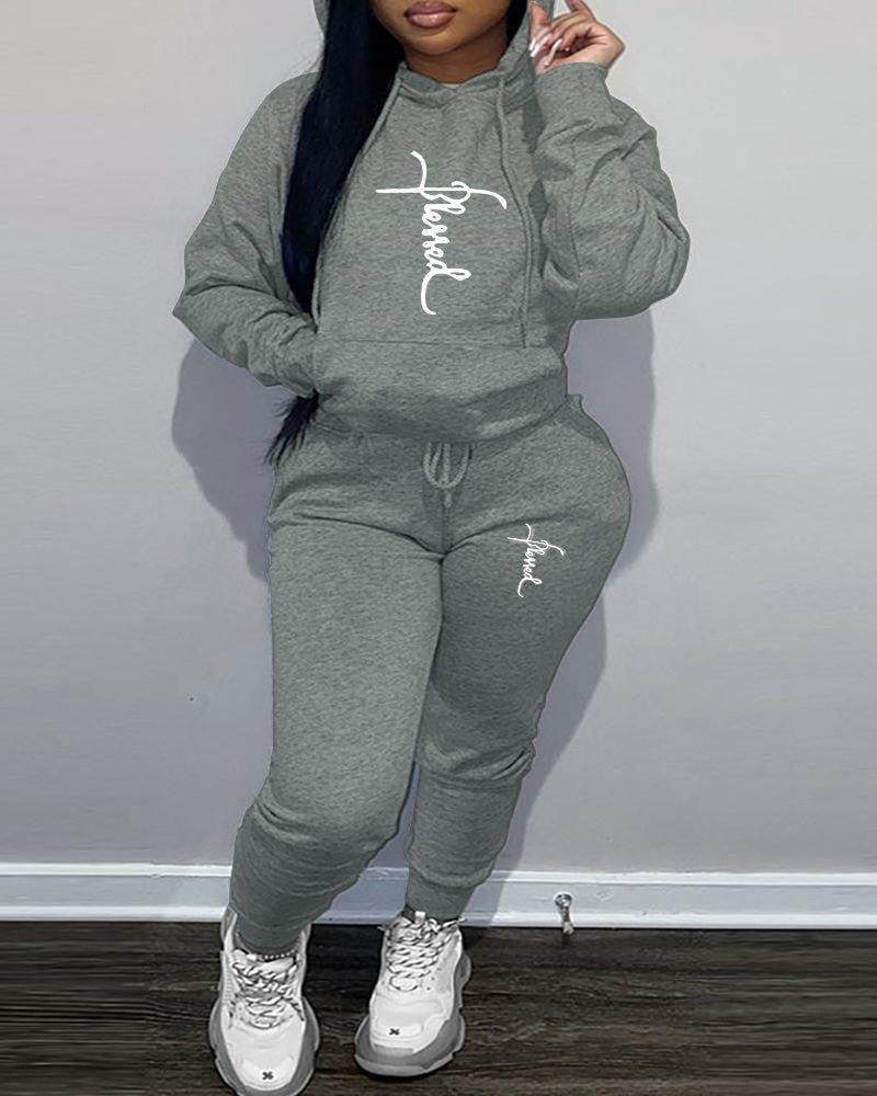 Plus Size Letter Print Casual Hoodie & Pants Set