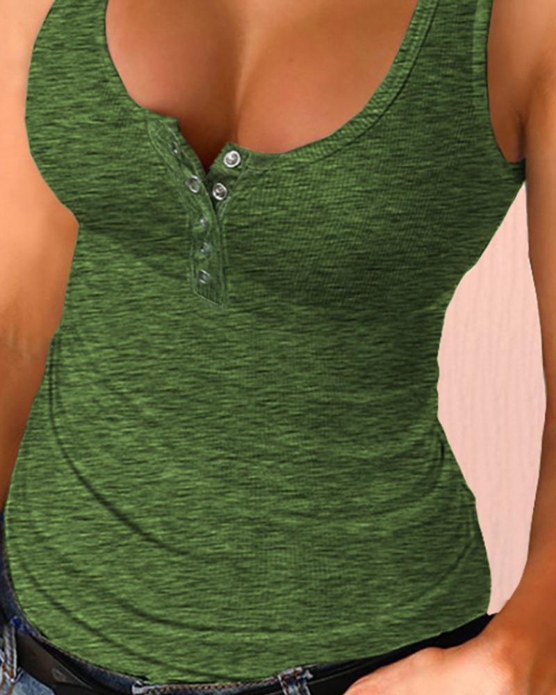 U Neck Snap Button Ribbed Tank Top