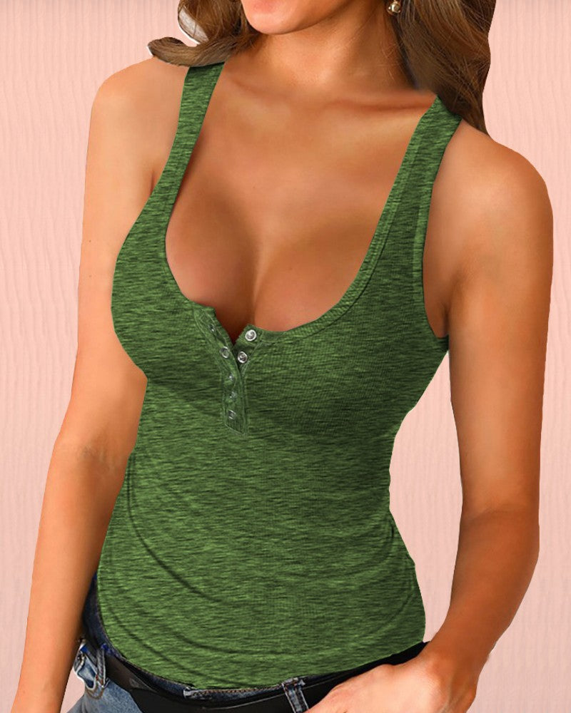 U Neck Snap Button Ribbed Tank Top