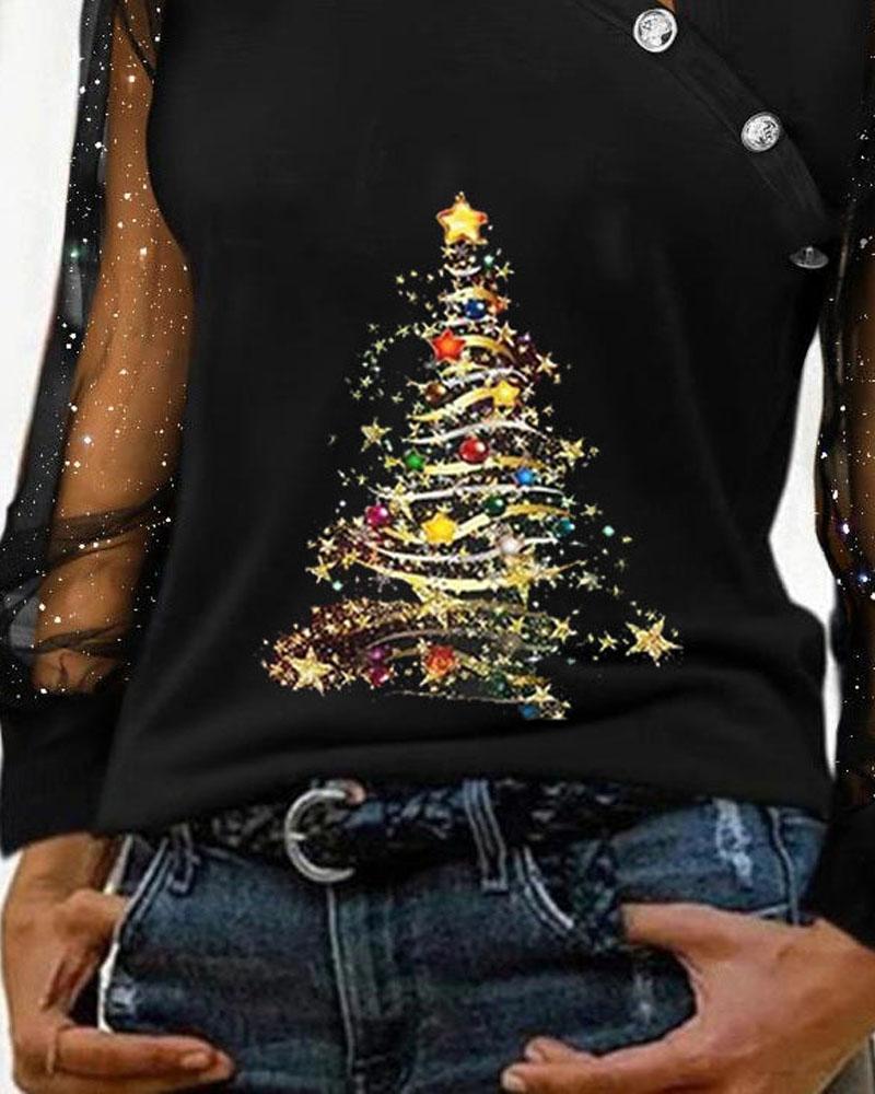 Christmas Tree Print Glitter Sheer Mesh Long Sleeve Top