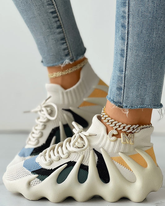 Lace up Colorblock Breathable Knit Octopus Sneakers