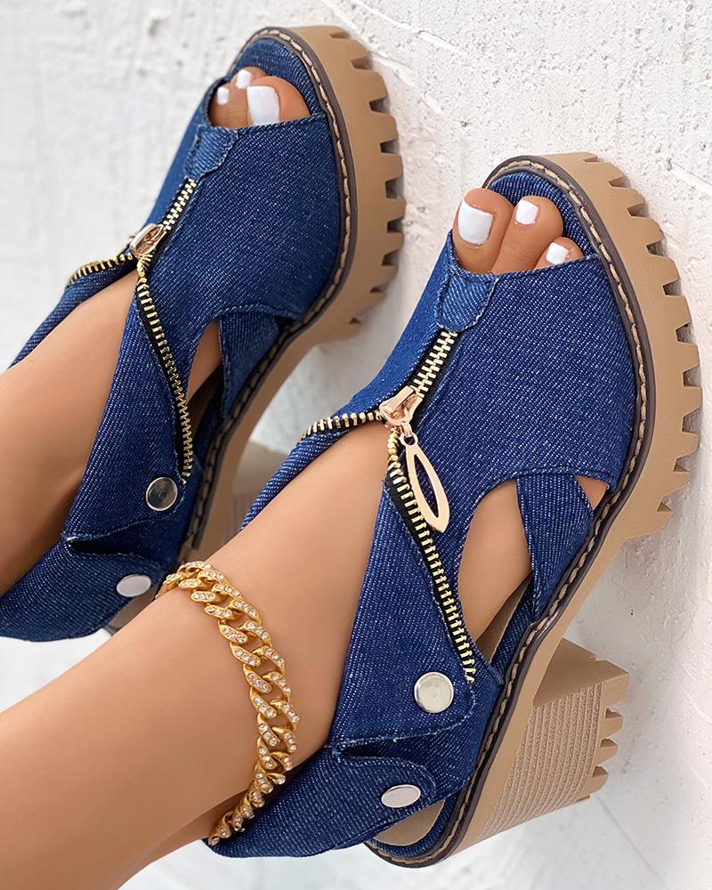 Denim Zipper Design Peep Toe Chunky Heels