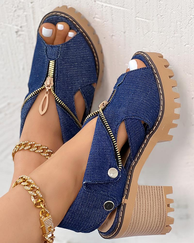 Denim Zipper Design Peep Toe Chunky Heels