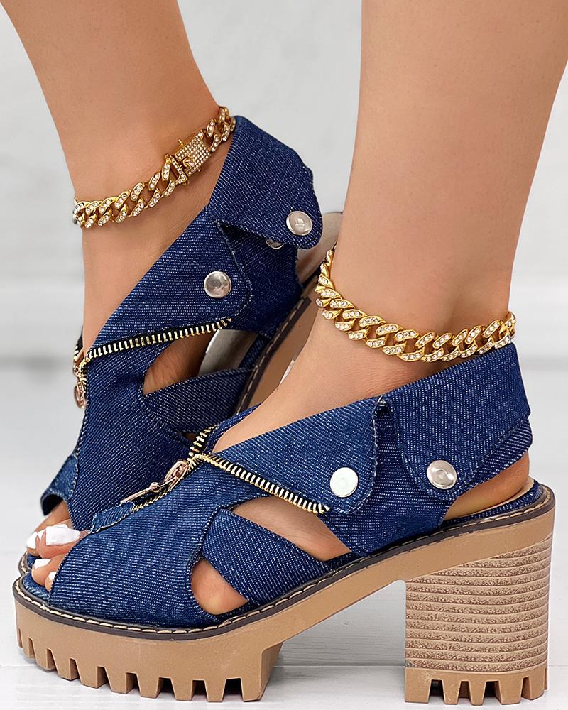 Denim Zipper Design Peep Toe Chunky Heels