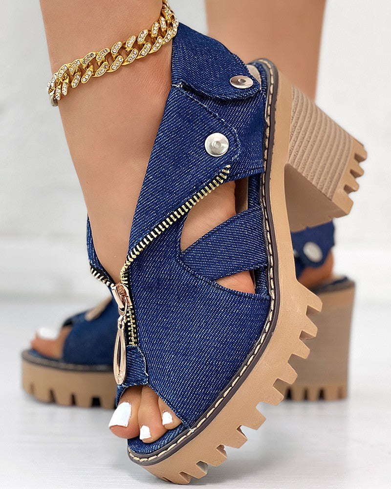 Denim Zipper Design Peep Toe Chunky Heels