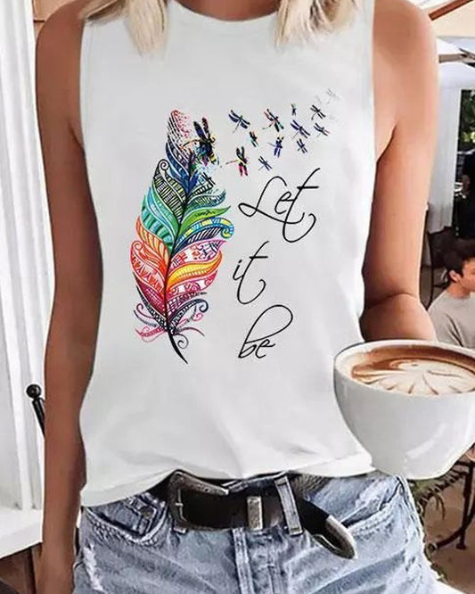 Let It Be Feather Dragonfly Print Casual Tank Top