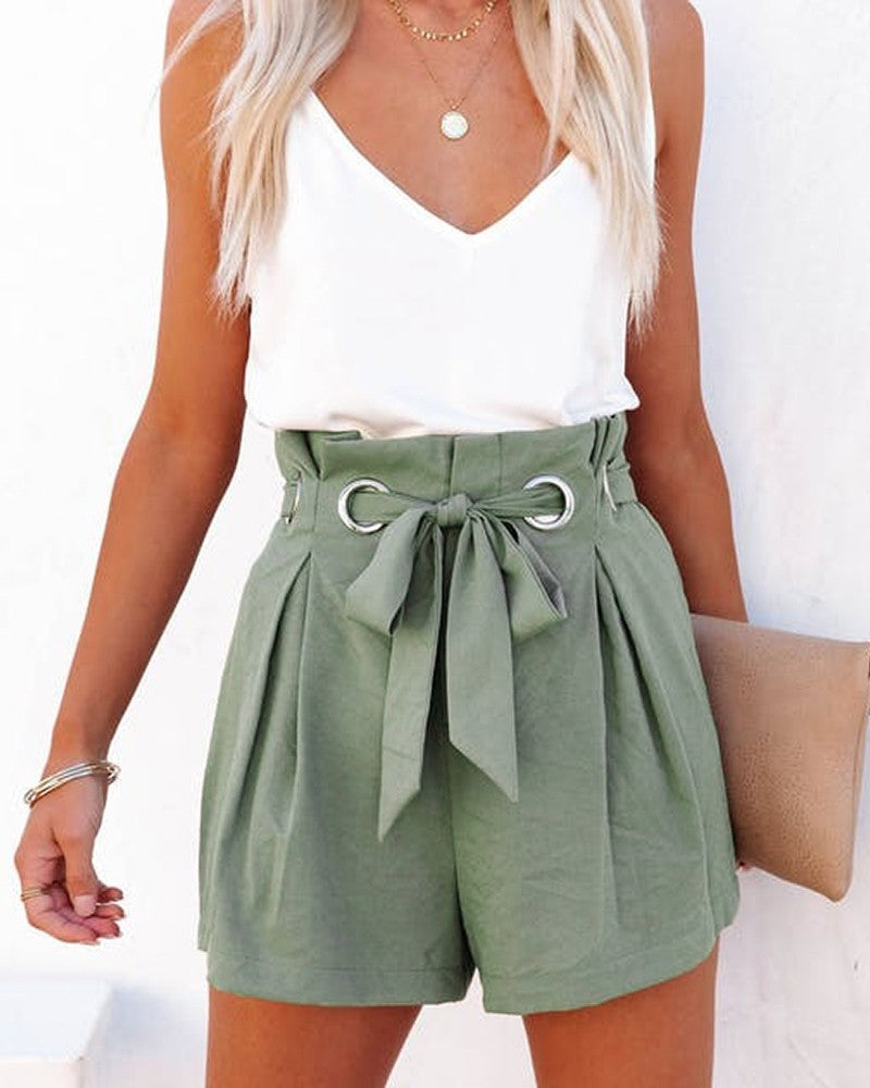 Ruched High Waist Eyelet Tied Detail Shorts