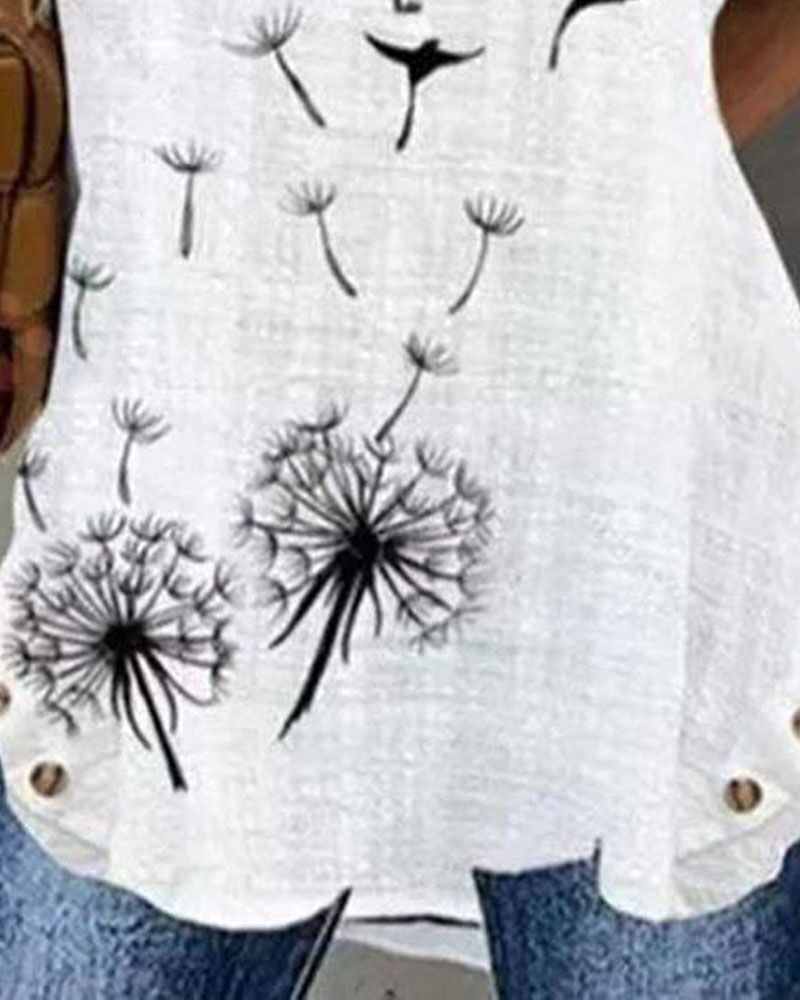 Dandelion Bird Print Zip Front Casual Top