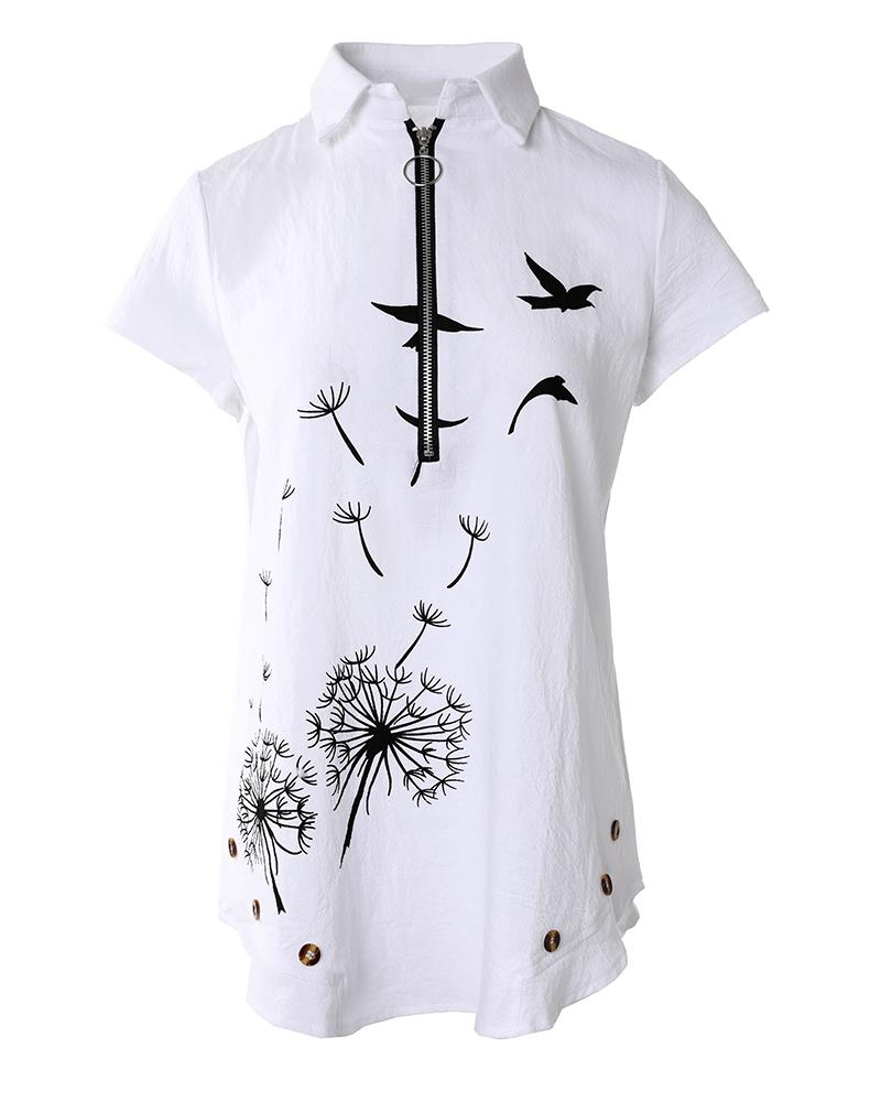 Dandelion Bird Print Zip Front Casual Top