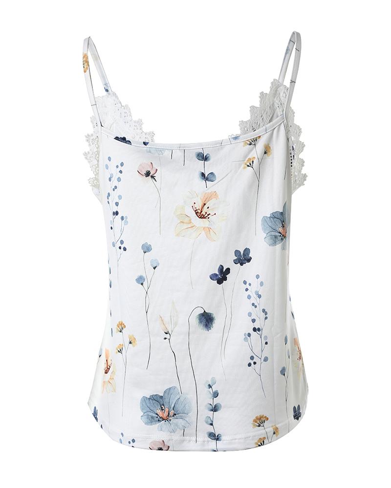 Floral Print Lace Patch Tank Top