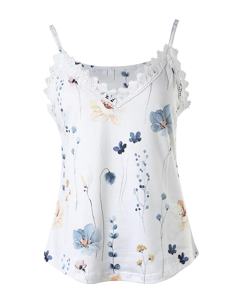 Floral Print Lace Patch Tank Top