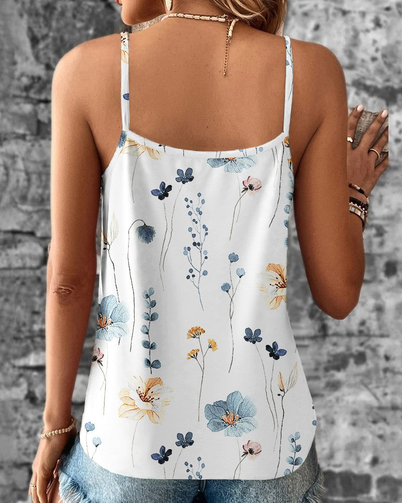 Floral Print Lace Patch Tank Top