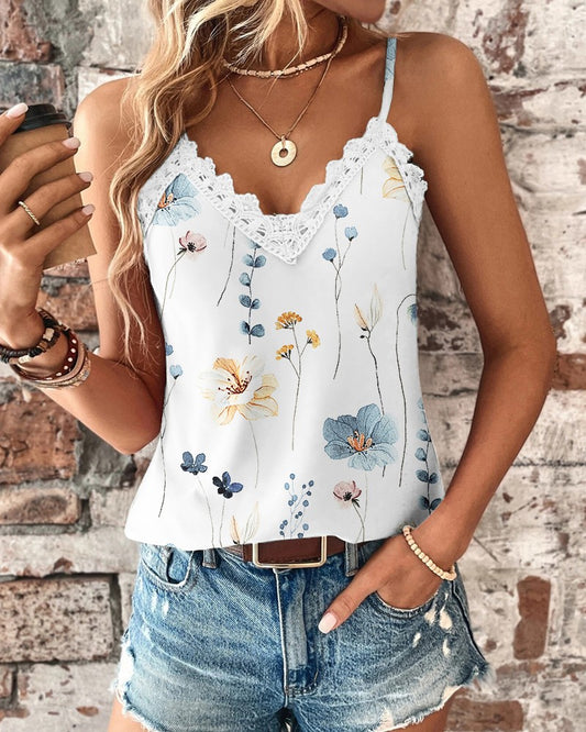 Floral Print Lace Patch Tank Top