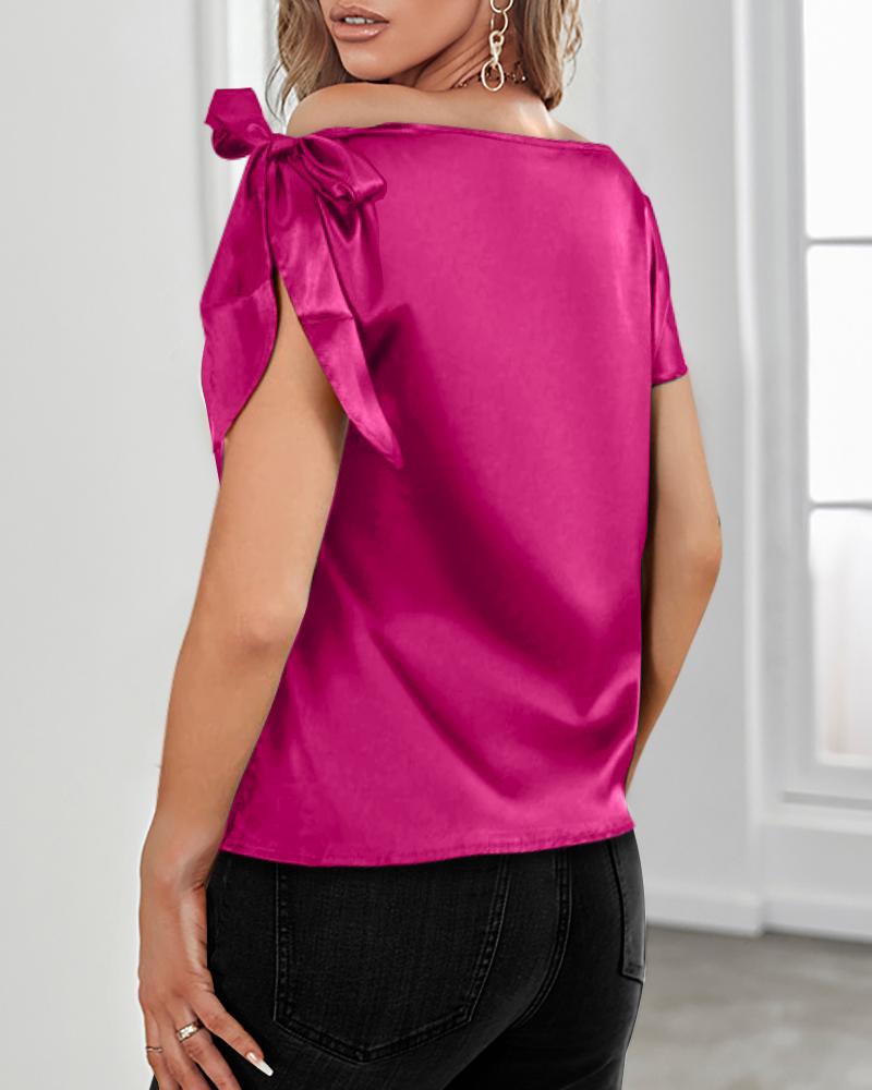 Bowknot Decor Short Sleeve Satin Top