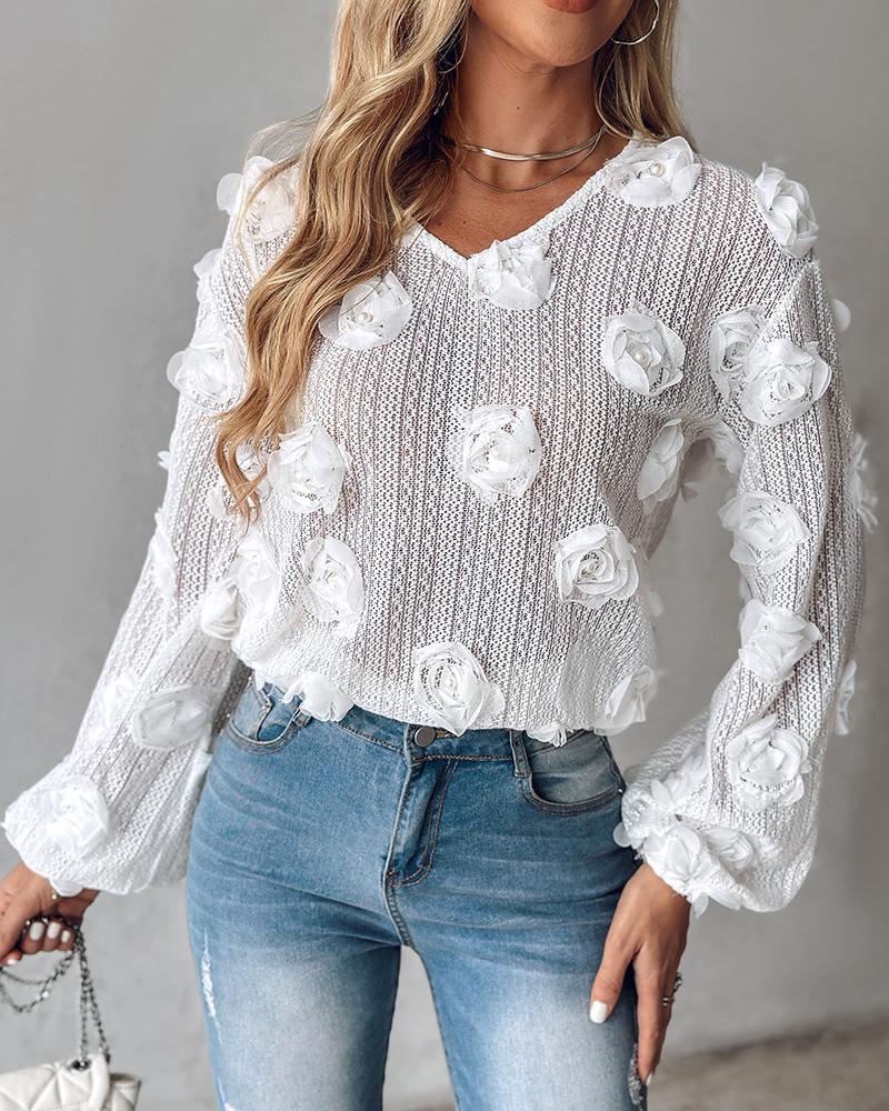 Floral Pattern Beaded V Neck Top