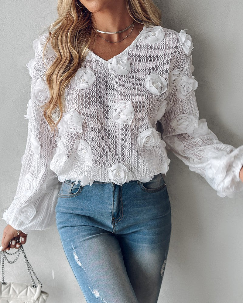 Floral Pattern Beaded V Neck Top