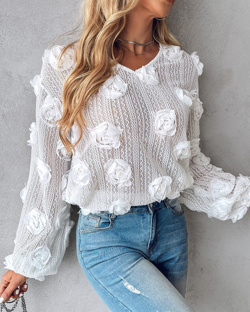 Floral Pattern Beaded V Neck Top