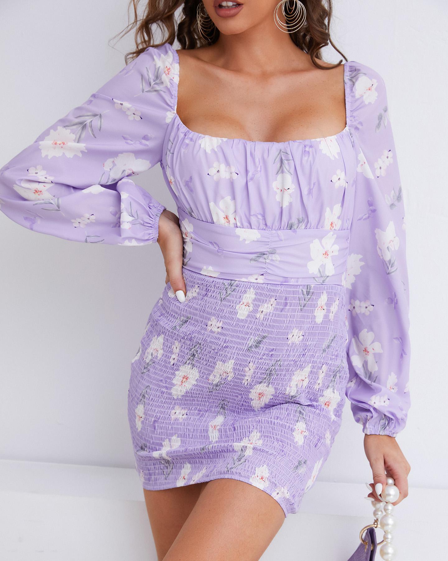 Lantern Sleeve Floral Print Shirring Dress