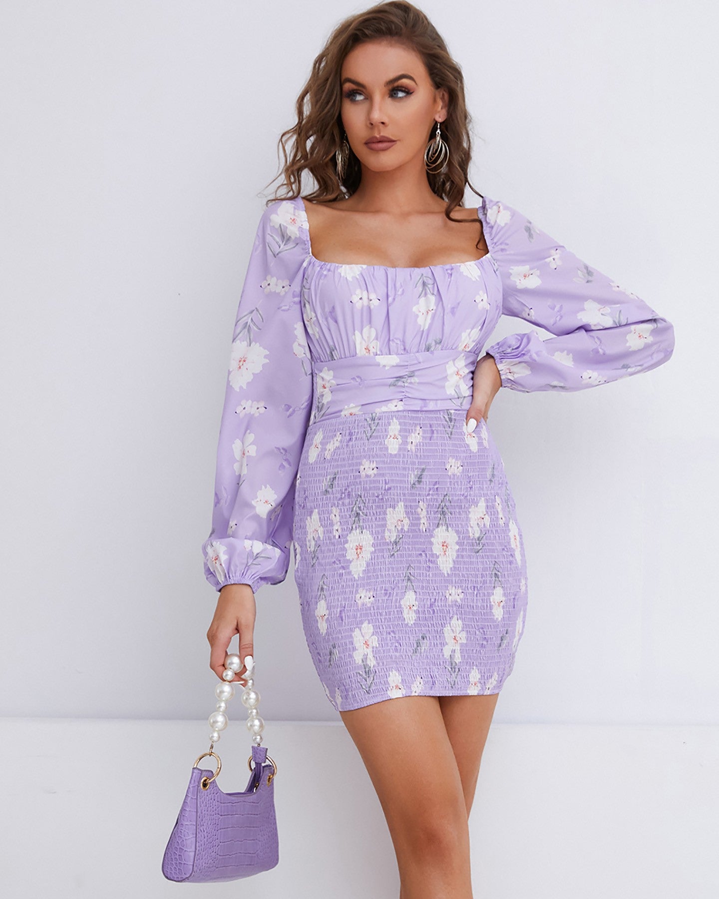 Lantern Sleeve Floral Print Shirring Dress