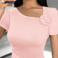 Rose Detail Asymmetrical Neck T Shirt