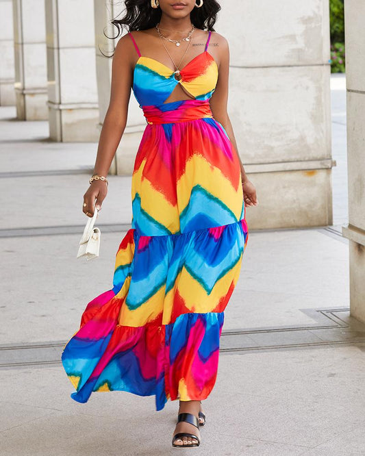 Colorblock Chevron Print O Ring Cutout Cami Maxi Dress