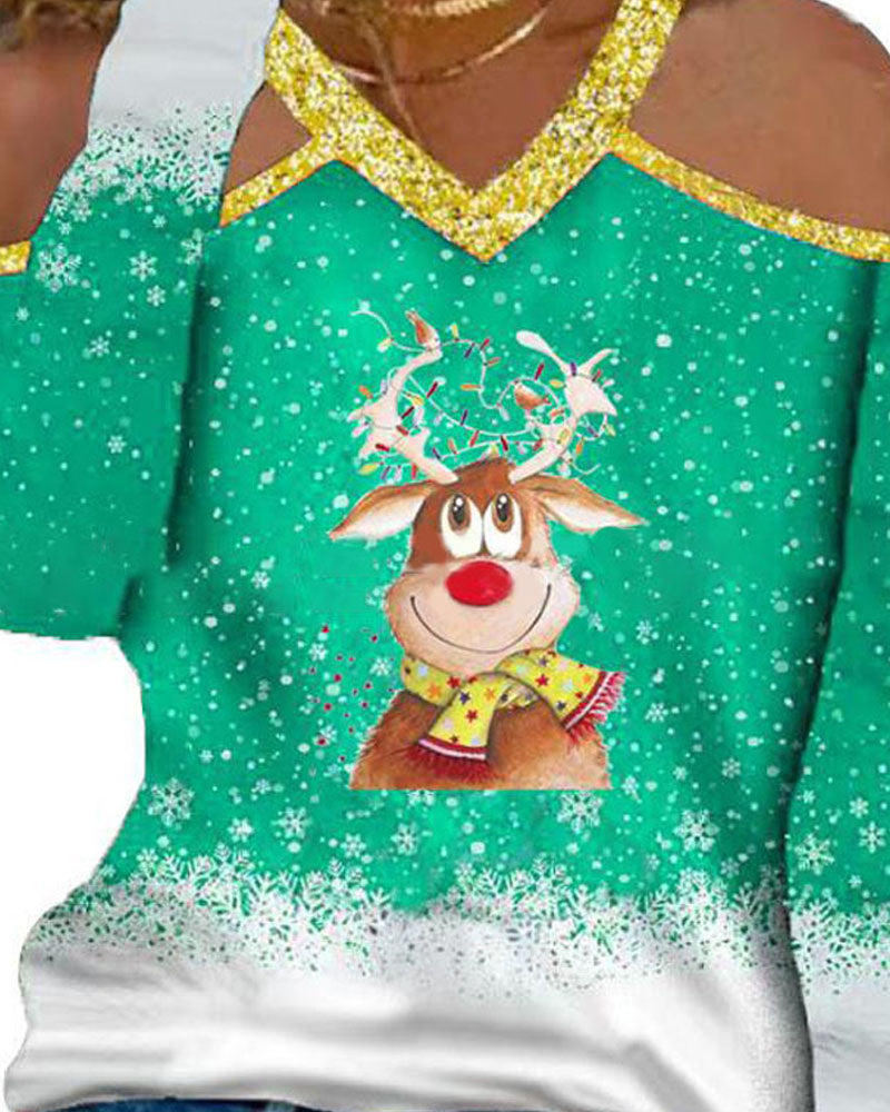 Christmas Snowflake Cartoon Elk Print Cold Shoulder Top