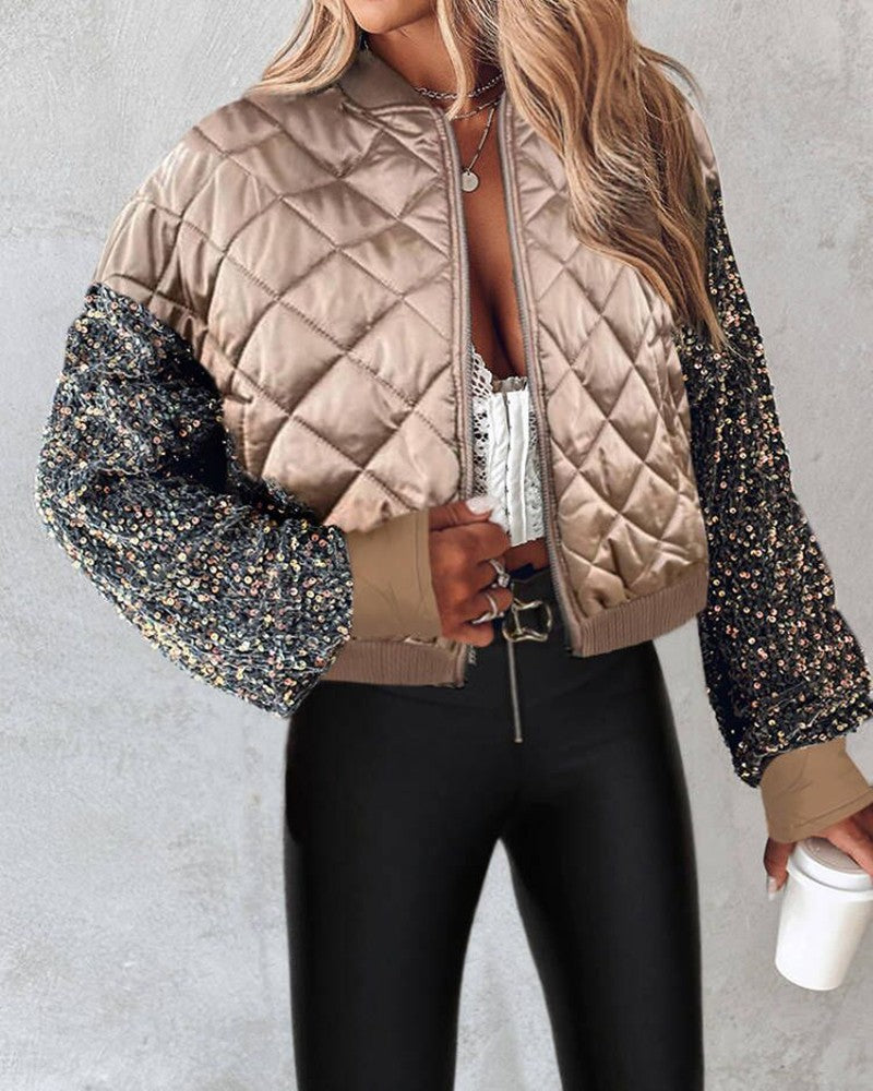 Contrast Sequin Zipper Design Puffer Jacket