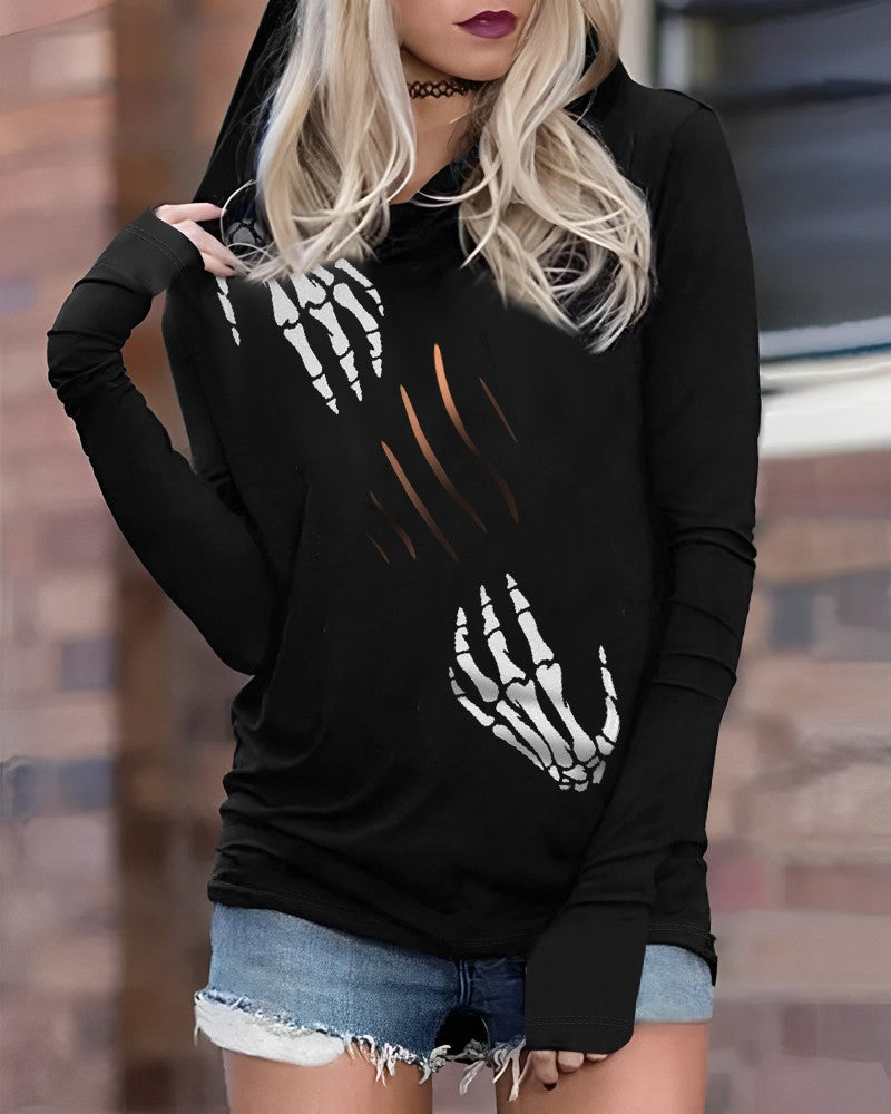 Halloween Skeleton Hands Print Long Sleeve Hoodie