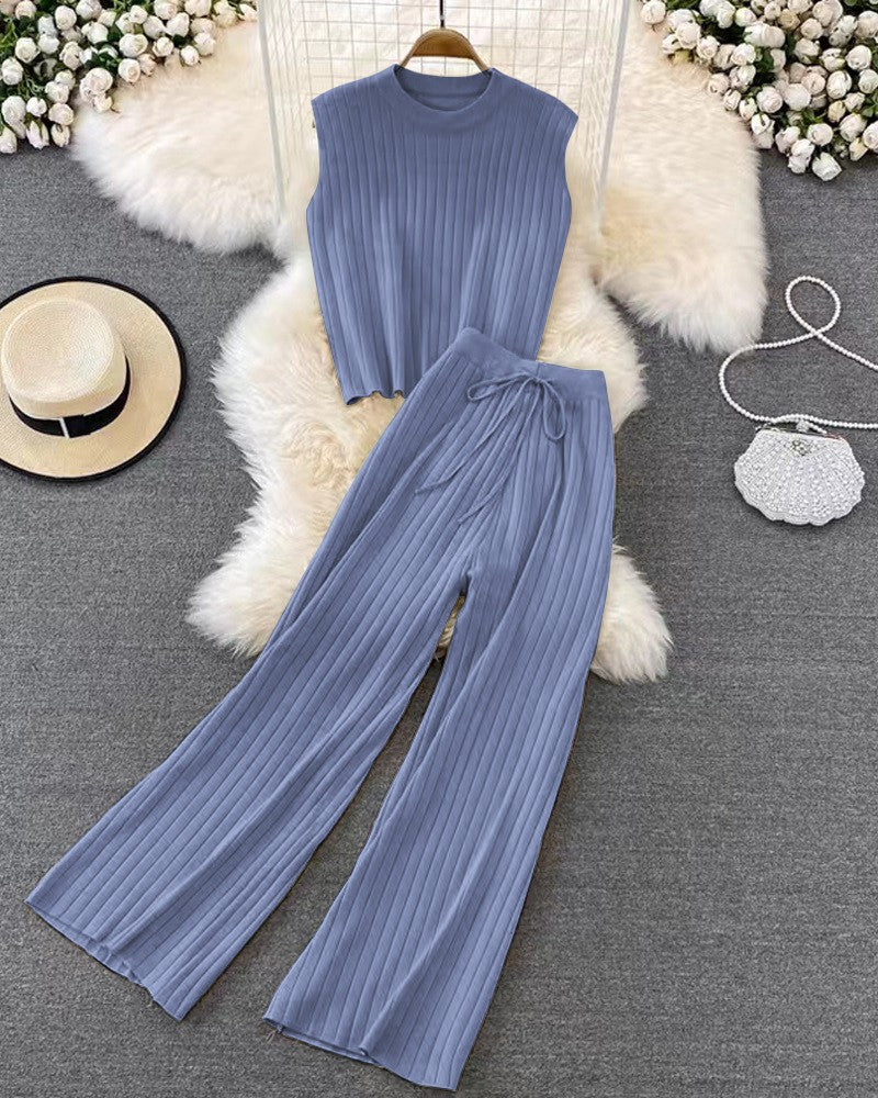 Sleeveless Knit Top & Tied Detail Wide Leg Pants Set