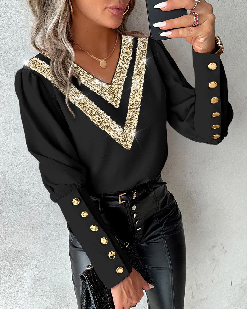 Contrast Sequin Buttoned V Neck Top