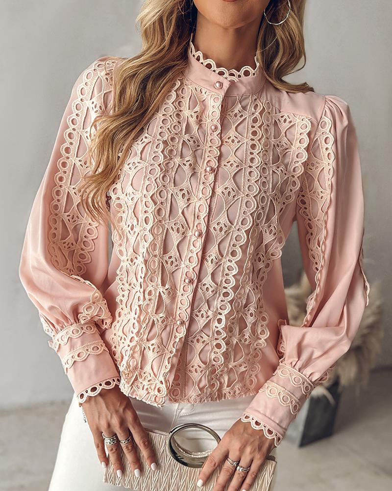 Contrast Lace Stand Collar Buttoned Top