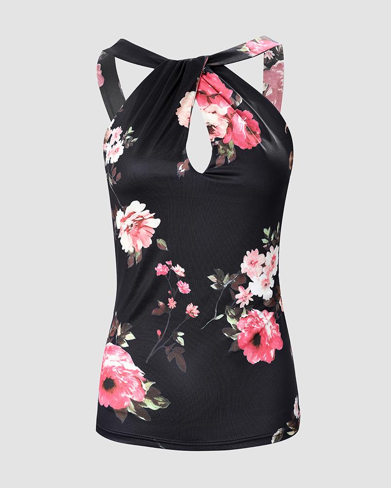 Floral Print Keyhole Neck Tank Top