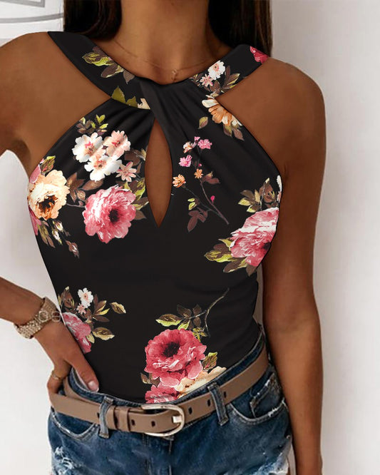 Floral Print Keyhole Neck Tank Top