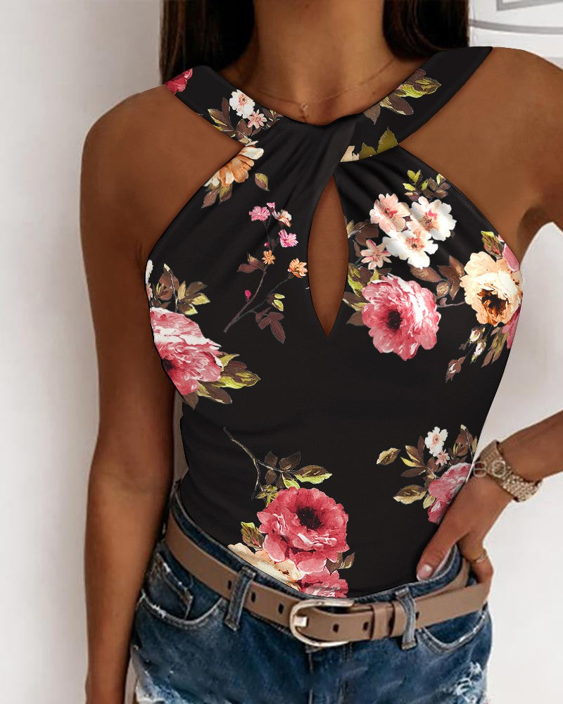 Floral Print Keyhole Neck Tank Top