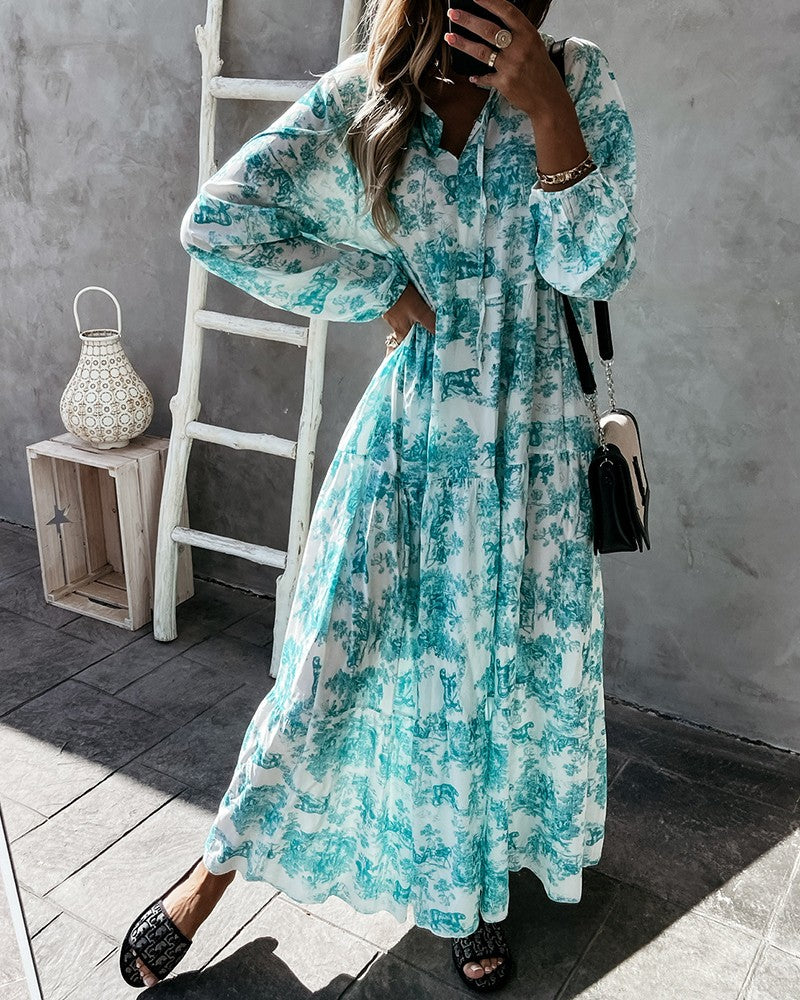 Drawstring Graphic Print Frill Hem Maxi Dress