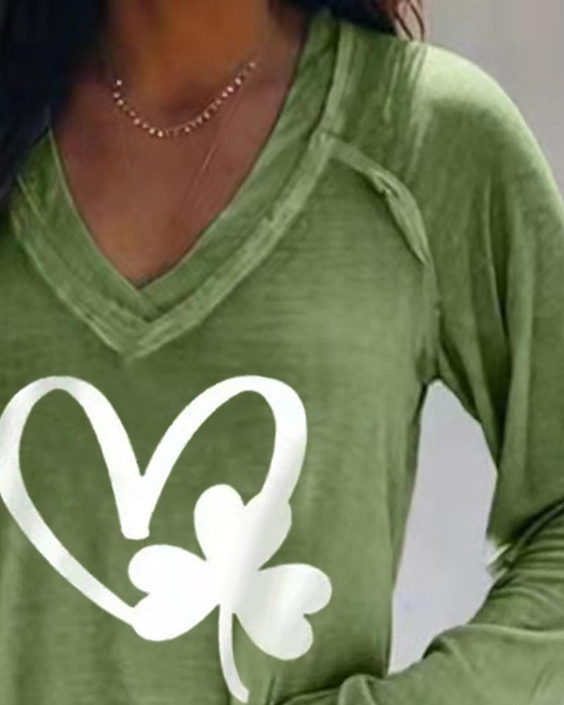 St. Patrick's Day Clover Heart Print Long Sleeve Top