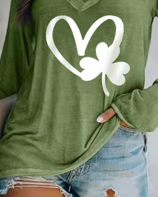 St. Patrick's Day Clover Heart Print Long Sleeve Top
