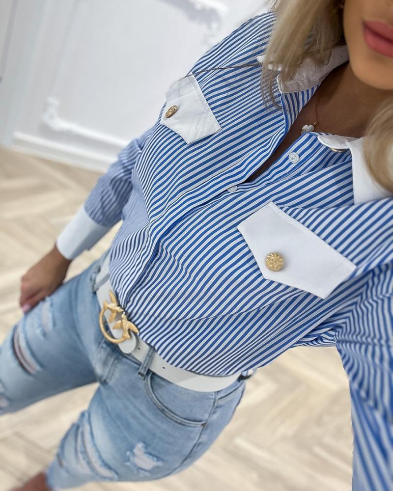 Striped Buttoned Flap Detail Top