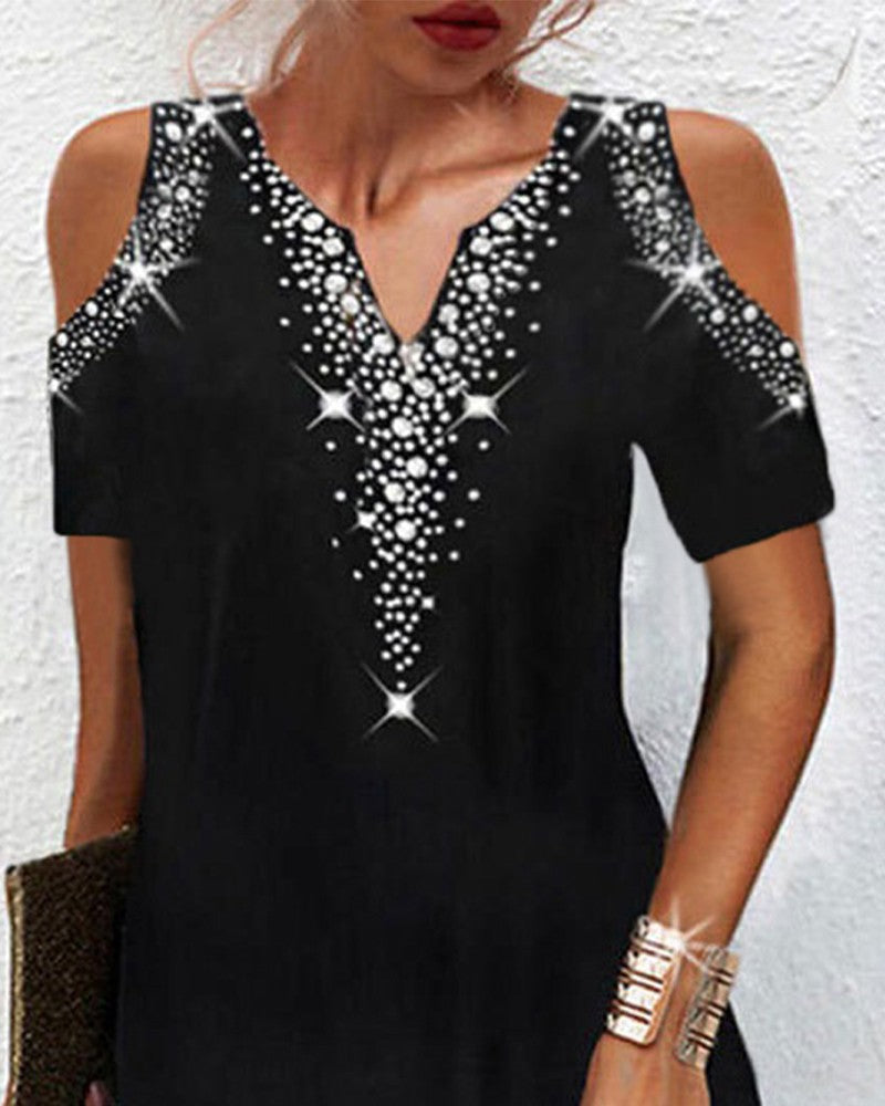 Rhinestone Decor Cold Shoulder Casual Dress