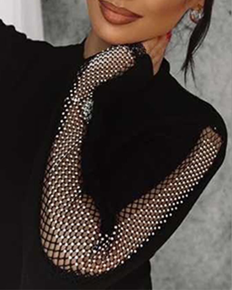 Rhinestone Fishnet Patch Long Sleeve Top