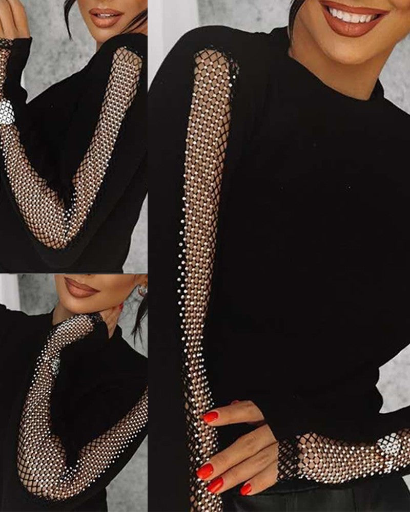 Rhinestone Fishnet Patch Long Sleeve Top