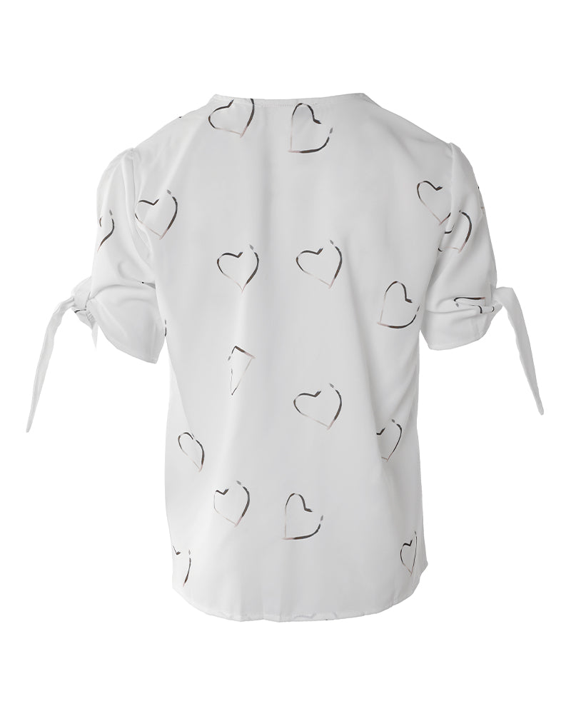 Heart Print Knotted Split Sleeve V Neck Top