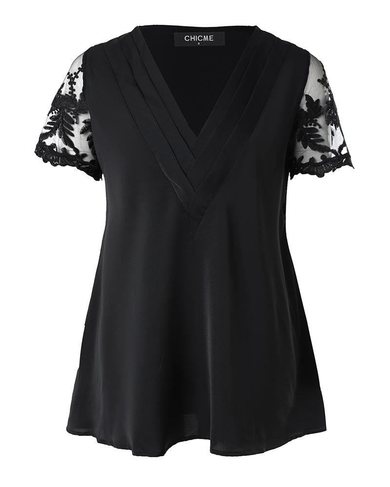 Lace Patch Ruched V Neck Top