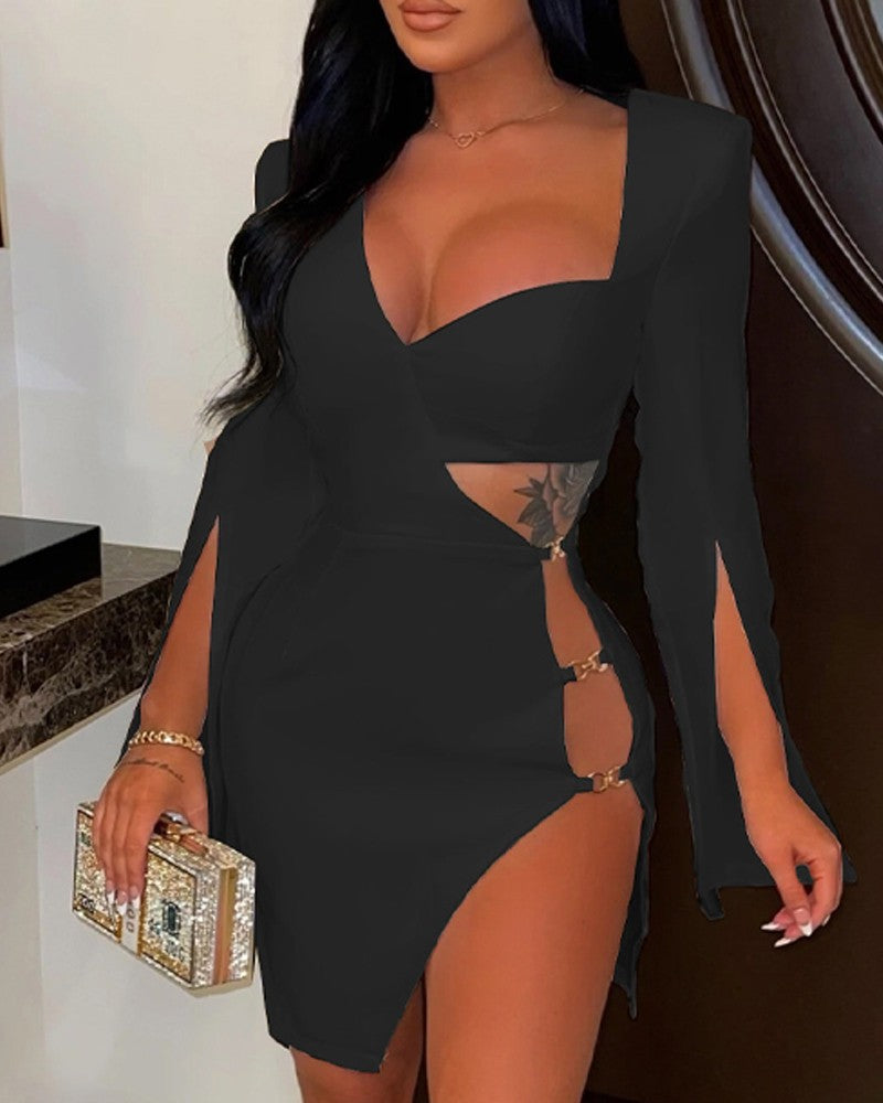 Asymmetrical Neck Cutout High Slit Party Dress