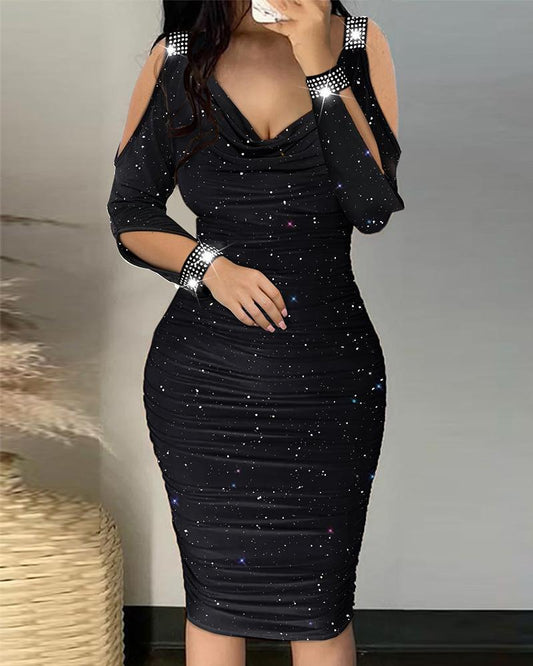 Rhinestone Decor Cold Shoulder Glitter Bodycon Dress