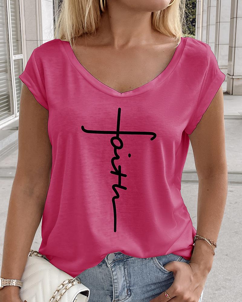 Faith Print V Neck Cap Sleeve T shirt