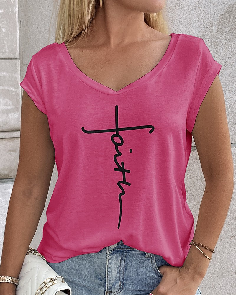 Faith Print V Neck Cap Sleeve T shirt