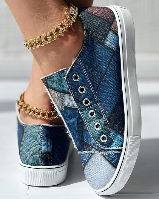 Denim Look Print Eyelet Slip on Sneakers